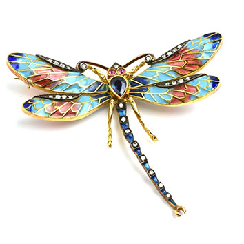 Blue and orange dragonfly brooch.